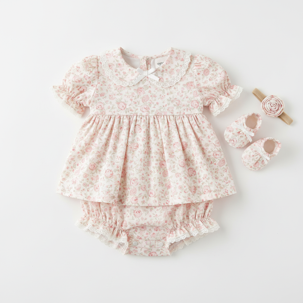 Petite robe bébé fille rose pastel avec motifs floraux