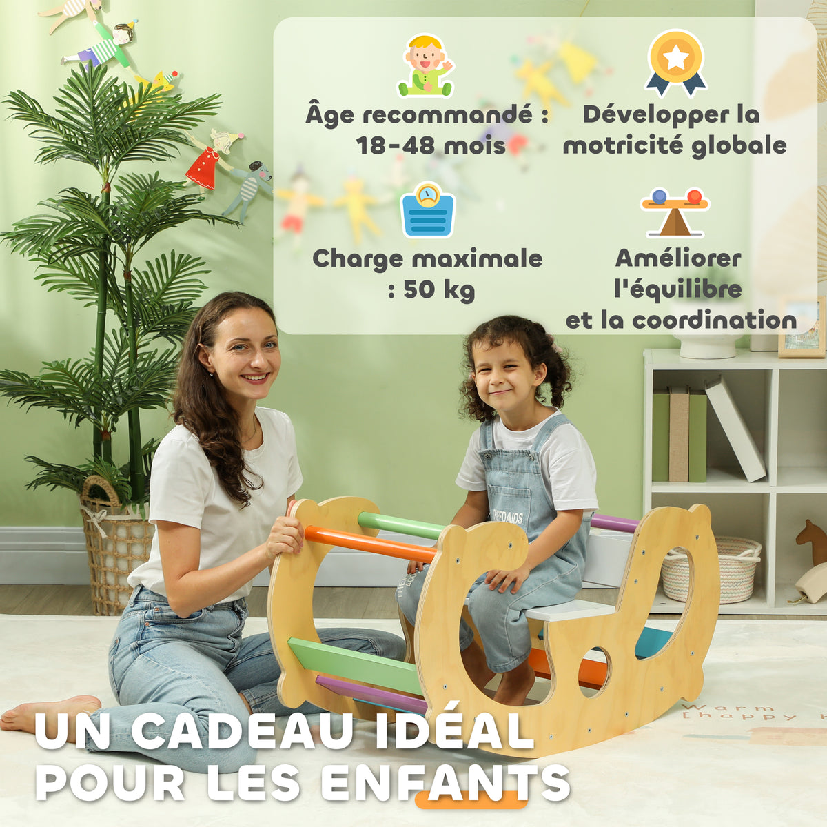 2 en 1 Arche escalade enfants 18 à 48 mois, chaise à bascule arc-en-ciel pour garçons & filles, tout-petits
